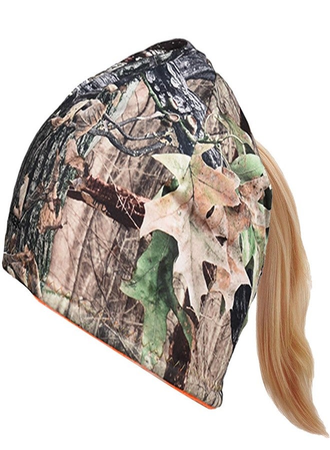 EDTREK Womens Performance Reversible Ponytail Beanie - Windproof Fleece Winter Hat for Hiking Hunting Fishing (Blaze Orange-in Deep Camo) - Image 2